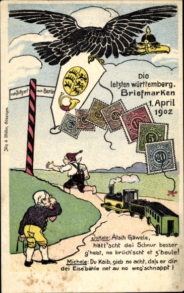 Briefmarken Ak Die letzten württembergischen Briefmarken, 1 April 1902, Deutscher Adler, Dt. Michel
