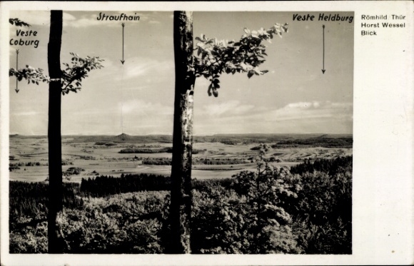 KP Römhild w Turyngii, widok na Veste Coburg, Straufhain, Veste Heldburg, panorama