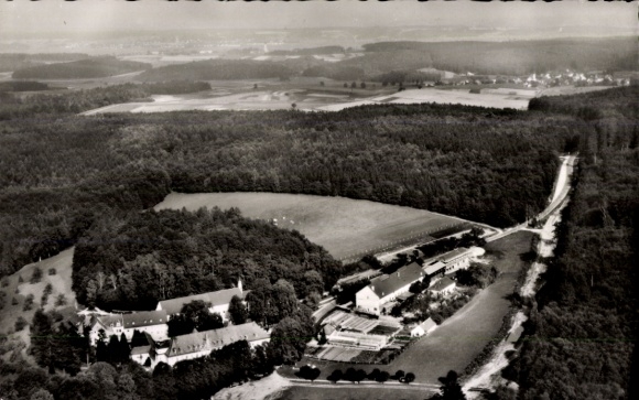 Postcard Krumbach in Swabia, Krumbad, aerial view of Krumbad, leisure complex, surrounding landscape