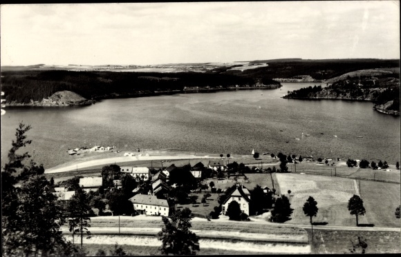 Postcard Schönbrunn Ebersdorf in Thuringia, monastery, reservoir, Bleiloch-Saale dam