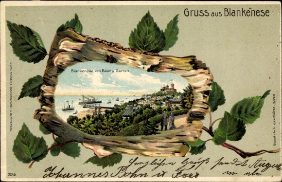 Embossed birch wood litho Hamburg Altona Blankenese, seen from Baur&#39;s garden