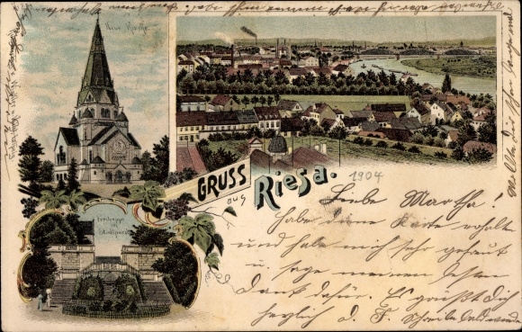 Litho Riesa an der Elbe Sachsen, Neue Kirche, Freitreppe im Stadtpark, Panorama