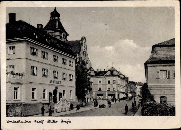 Postcard Simbach am Inn Lower Bavaria, Adolf Hitler Street, pharmacy
