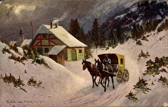 Artist Postcard Müller, August, Stagecoach in Winter, Leaving the Village