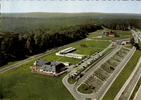 Postcard Rohrbrunn Weibersbrunn in Bavaria, aerial photograph of the motorway rest stop in the Spessart, Motel
