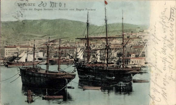 Ak Triest Trieste Friuli Venezia Giulia, Hafen, Blick vom Bagno Fontana, Segelschiffe