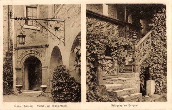 Ak Lauenstein Ludwigsstadt in Opper-Franken, kasteel Lauenstein, portaal naar de Thüna-vleugel, kantelen bij