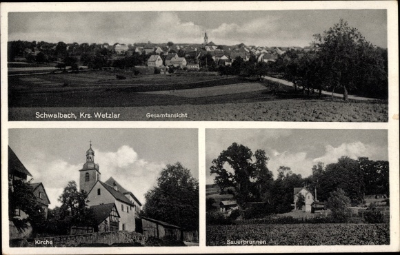 PC Schwalbach Schöffengrund in Hesse, general view, church, acidulous well