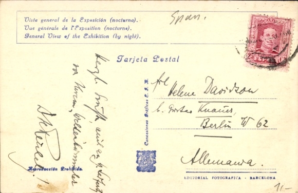 Postcard Barcelona Catalonia Spain, World Exhibition 1929 at night, illuminated