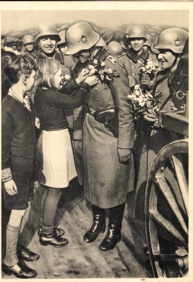 PC Deutsche Wehrmacht, children put flowers on soldiers, Gerling Group Life Insurance AG