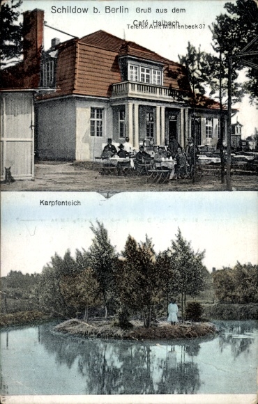 Postcard Schildow in der Mark, Café Halbach, Carp Pond