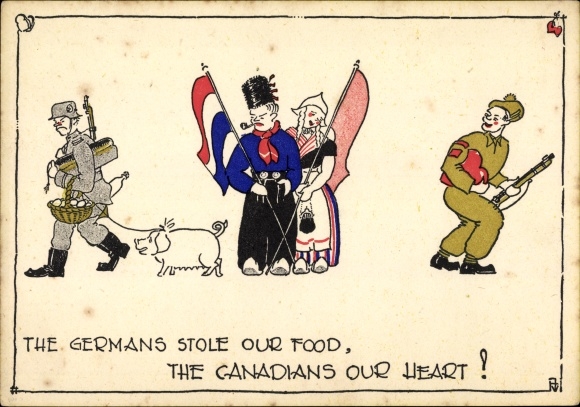 Postcard The Germans stole our food, the Canadians our Heart, couple in Dutch costume, II. WW