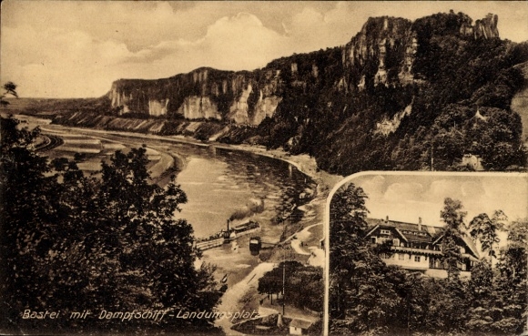 Ak Lohmen Sächsische Schweiz, Bastei, Landschaft mit  Dampfschiff, Fluss, Felsen