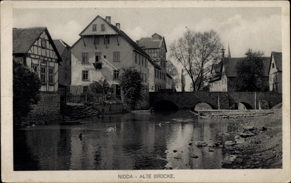 Postcard Nidda in the Hessian Wetterau, old bridge, half-timbered houses