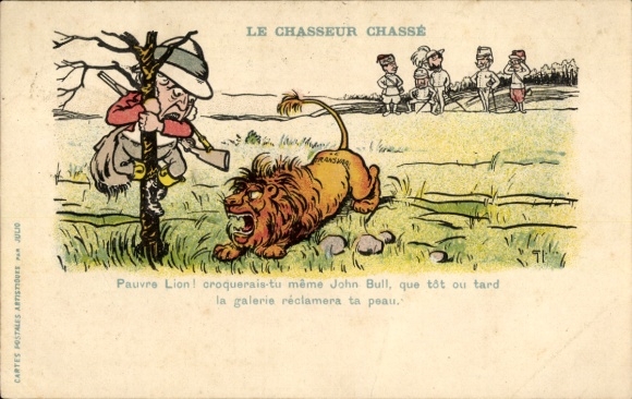 Artist Postcard Boer War, The hunter hunted, caricature, John Bull, lion