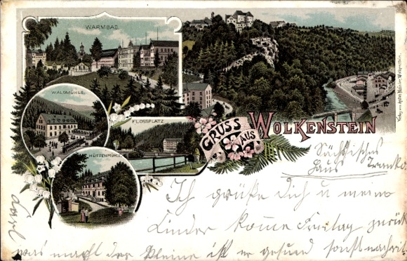 Litho Wolkenstein im Erzgebirge, Gruss, Panorama, Warmbad, Waldmühle, Hüttenmühle