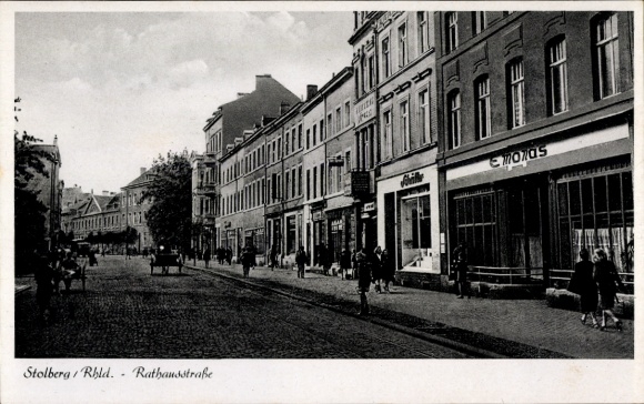 Postcard Stolberg im Harz, Rathausstraße, street view, black and white, shops