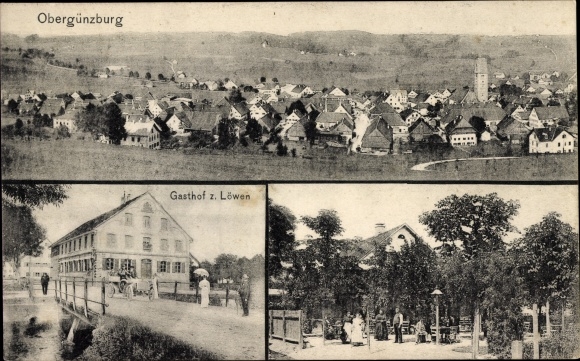 Ak Obergünzburg im Allgäu, Totalansicht der Ortschaft, Gasthof zum Löwen
