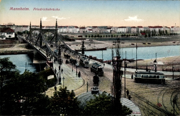 Postcard Mannheim in Baden, Friedrichsbrücke, trams, river, city view,