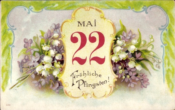 Embossed PC Happy Pentecost, May 22nd, blooming lilac, lily of the valley
