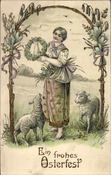 Glitter Chromo-Litho Happy Easter, woman with lambs, flower wreath