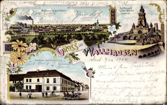 Litho Wallhausen an der Helme Sachsen Anhalt, Gasthaus zum Gambrinus, Kyffhäuser Denkmal