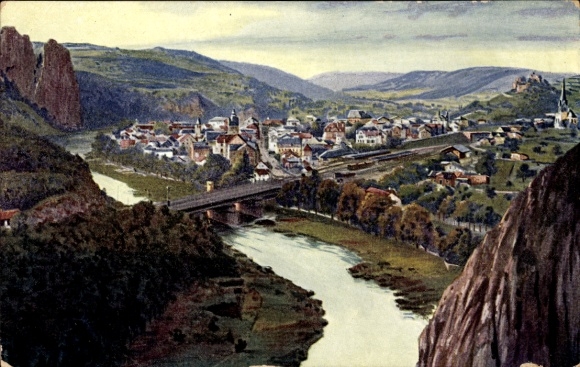 Ak Bad Münster am Stein Bad Kreuznach aan de Nahe, uitzicht over de stad, rivier, brug, bergen in
