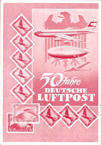 Briefmarken Ak 50 Jahre deutsche Luftpost, Zeppelin, mit LH 200 Stuttgart Kopenhagen 1962