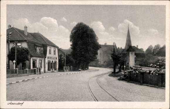 Postcard Asendorf in the Diepholz district, street area, commercial building, church tower