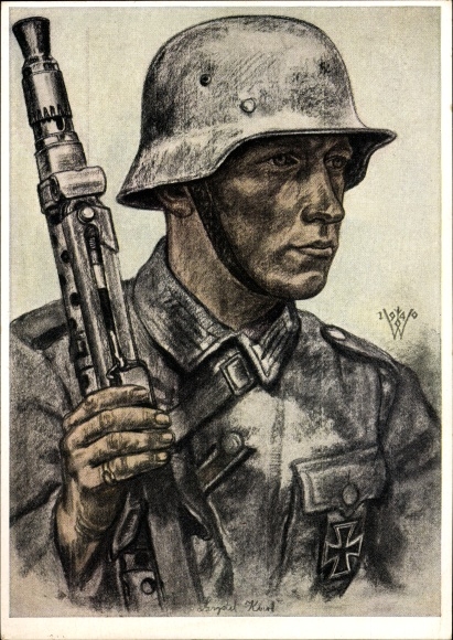 Kunstenaar Ak Willrich, Wolfgang, Een motorrijder, machinegeweer, stalen helm, VDA P 1 R 9 nr. 3