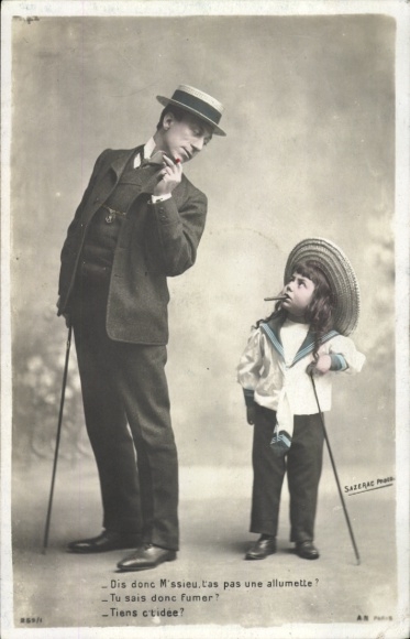 Postcard Portrait, child with cigar, man in suit with cigar and hat