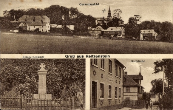 Ak Reitzenhain Marienberg in het Erzgebirge, algemeen beeld, oorlogsmonument, dorpsstraat