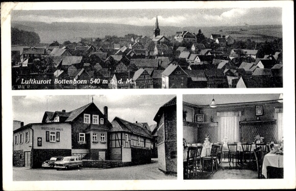 Postcard Bottenhorn Bad Endbach Hesse, total view, guesthouse-pension Deutsches Haus, dining room