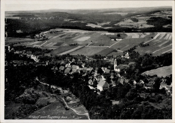 Postcard Alfdorf in Württemberg, aerial view of rural surroundings, houses, fields, church