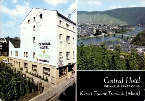 Ak Traben Trarbach an der Mosel, Panorama, Brücke, Central Hotel, Weinhaus