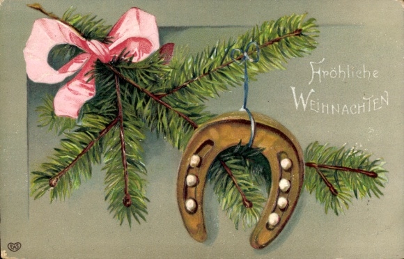 Reliëf Ak Gefeliciteerd Kerstmis, dennentak, hoefijzer