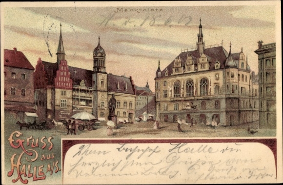 Chromo-Litho Halle on the Saale, market square, town hall, statue