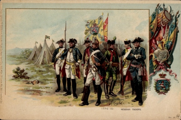 Artist Postcard Hessian soldiers in uniforms, flags