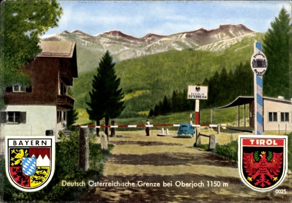 Postcard German Austrian border near Oberjoch, coat of arms