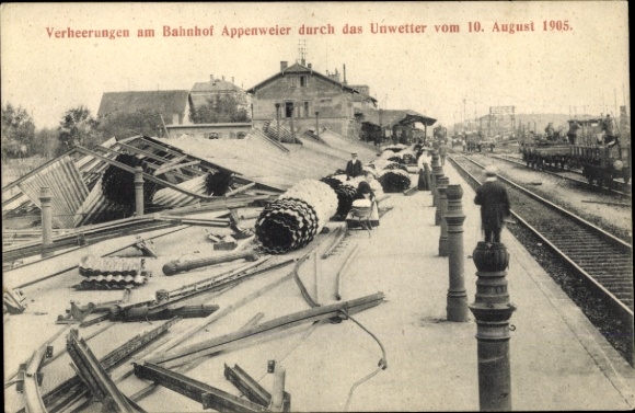 Ak Appenweier in Baden Schwarzwald, Verheerungen, Bahnhof, Unwetter 1905