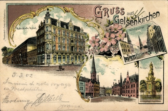 Chromo-Litho Gelsenkirchen in the Ruhr area, station hotel, war memorial, Bahnhofstraße