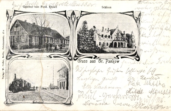 Postcard Groß Pankow in der Prignitz, castle, train station, steam locomotive, inn Ferd. Ehlart
