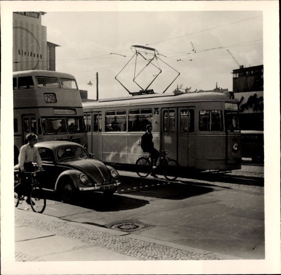 Photo Berlin, tram line 75, bus to Ernst Reuter Platz, VW Beetle, cyclists, department store