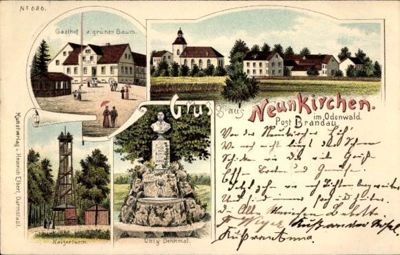 litho Neunkirchen in het Odenwald Modautal, Ohly Monument, Gasthof zum Grünen Baum, Kaiserturm