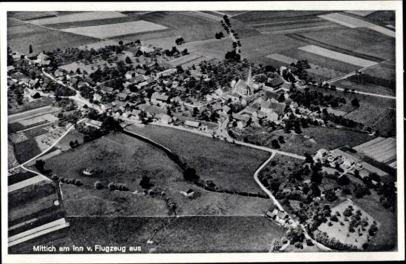 Postcard Mittich Neuhaus am Inn Lower Bavaria, aerial view of rural surroundings, church visible