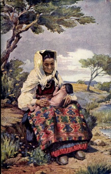 Artist Postcard Woman with Baby in Traditional Costume from Petrovo