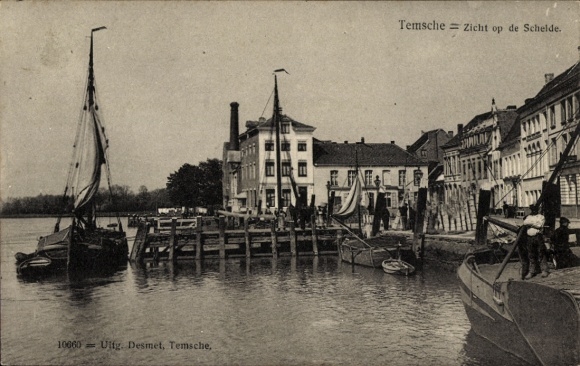 Ak Tamise Temse Temsche Oost-Vlaanderen, havenzicht, schepen, gebouwen, water, Temsche