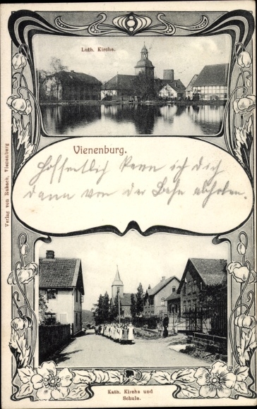Jugendstil Passepartout Ak Vienenburg Goslar am Harz, Luth. und Kath. Kirche, Schule