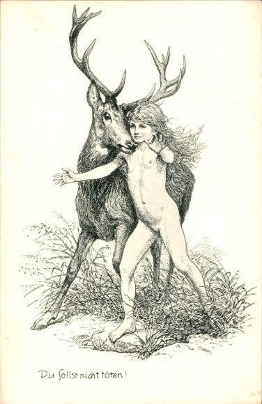 Art Nouveau artist Postcard Fidus, Thou shalt not kill, children of nature, deer, St. George's League