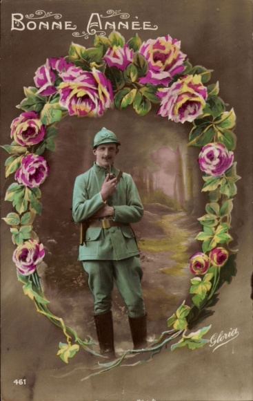 Ak Fröhliches Neujahr, Französischer Soldat mit Pfeife